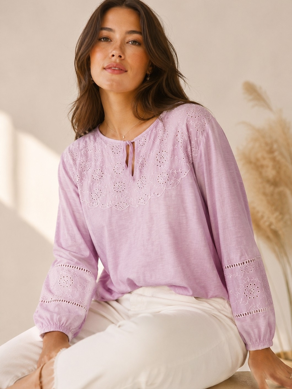 Style & Co. Lavender Eyelet Tie-Neck Peasant Blouse